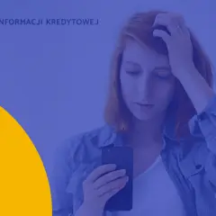 Kobieta z telefonem w dłoni, zmartwiona, na tle logo BIK.