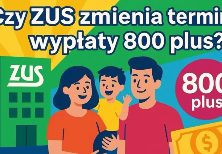 Rodzina przed budynkiem ZUS z napisem "800 plus" i symbolem pieniądza.