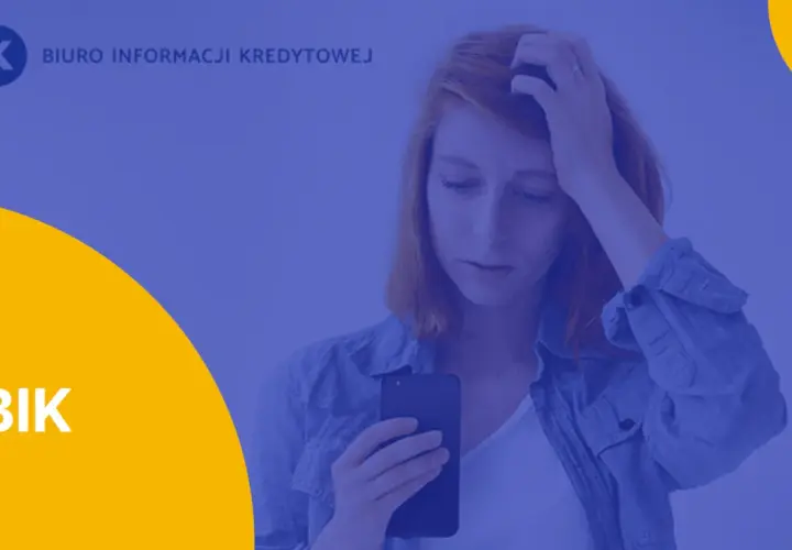 Kobieta z telefonem w dłoni, zmartwiona, na tle logo BIK.