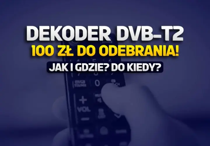 Dłoń trzymająca pilot do dekodera DVB-T2 z napisem "100 zł do odebrania!".