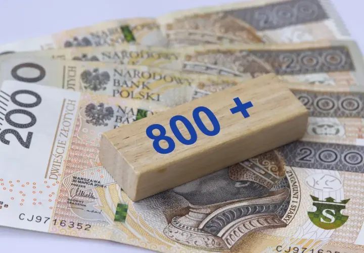 Drewniany klocek z napisem "800+" leży na polskich banknotach 200 zł.