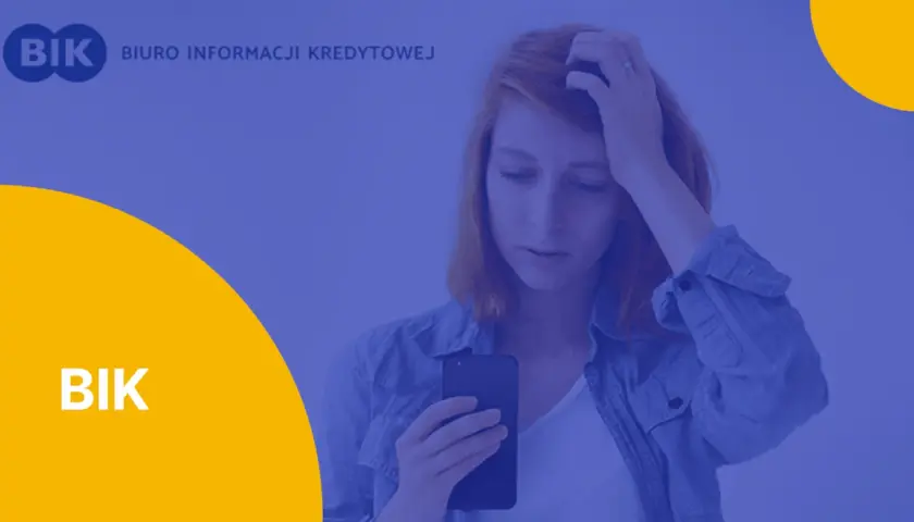 Kobieta z telefonem w dłoni, zmartwiona, na tle logo BIK.