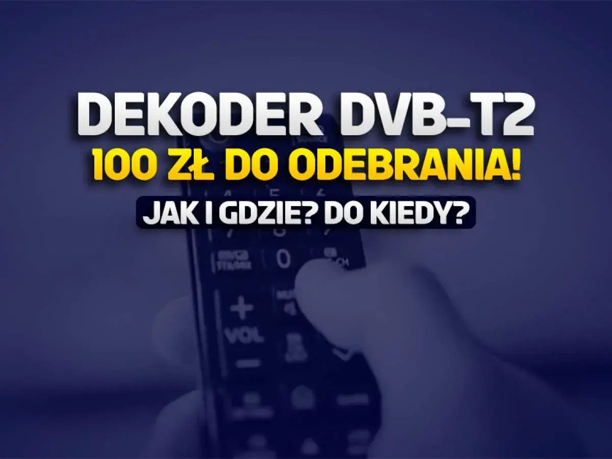 Dłoń trzymająca pilot do dekodera DVB-T2 z napisem "100 zł do odebrania!".